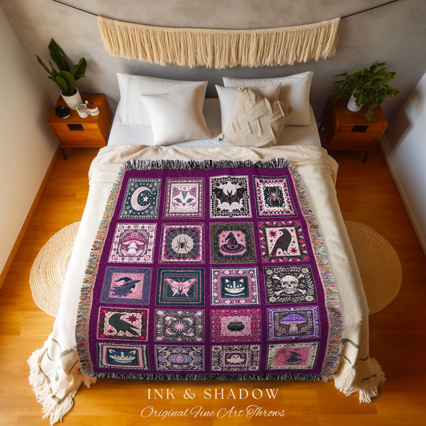 Autumnal Whimsy Purple Throw Blanket | Cozy Gothic Witchcore Decor Dark Academia Accent Halloween Tapestry Gift for Cute Bedroom Style Retro