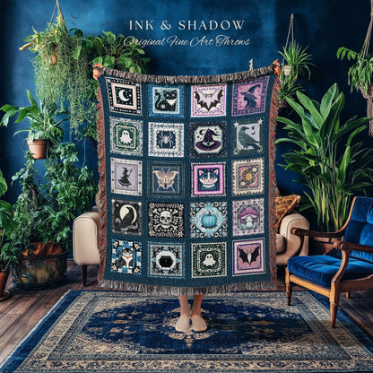 Celestial Blue Halloween Magic Blanket | Whimsical Witchcore Woven Throw Cozy Boho Fairycore Decor Spooky Season Bedroom Tapestry Cute Goth