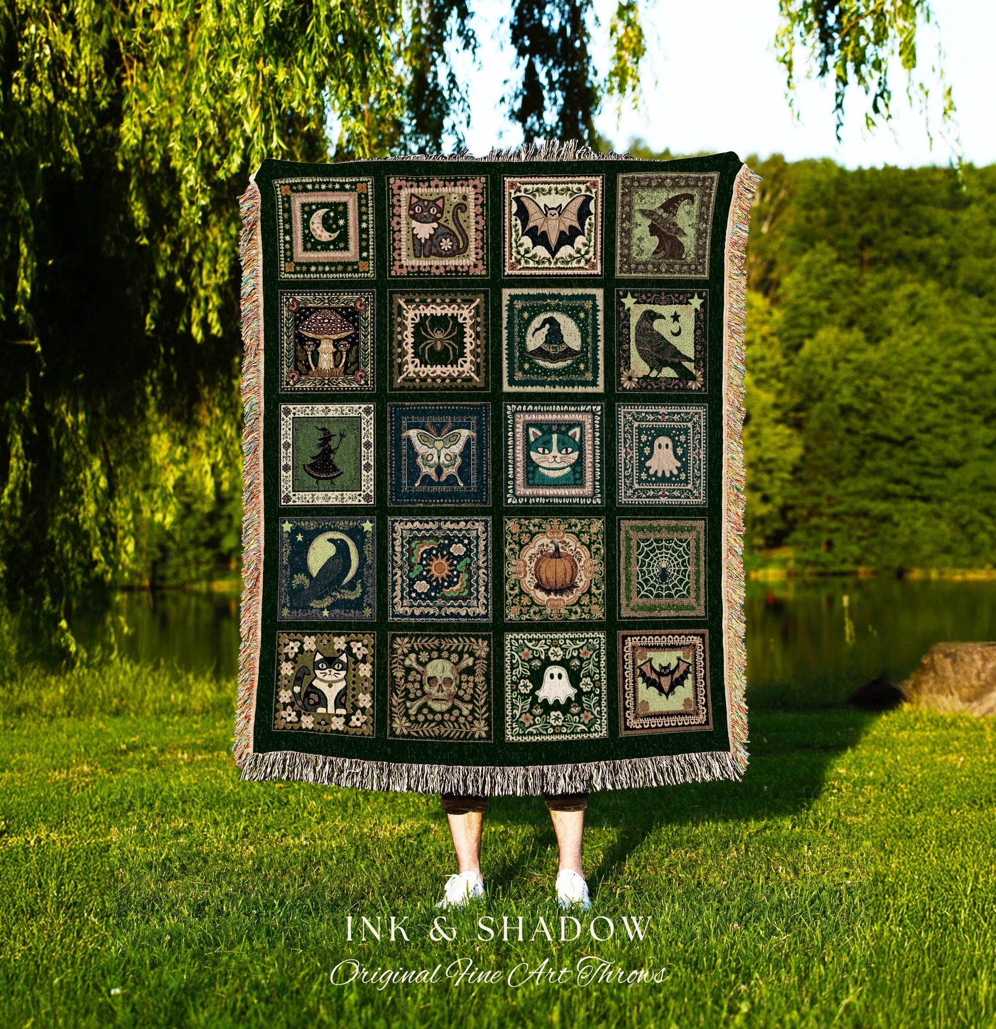 Boho Autumn Witchy Cozy Throw Blanket | Halloween Cozy Bedroom Decor Whimsigoth Tapestry Gothic Green Accent Spooky Gift Fairycore Grunge |