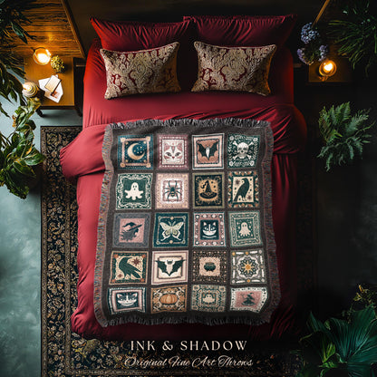 Retro Whimsigothic Spooky Throw Cute | Dark Academia Blanket Boho Halloween Tapestry Whimsigothic Pumpkin Season Aesthetic Gift for Goths