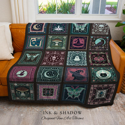 Mystic Maximalist Dark Gothic Throw Blanket | Whimsical Woven Tapestry Spooky Halloween Dark Academia Grunge Fairycore Cute Witch Aesthetic