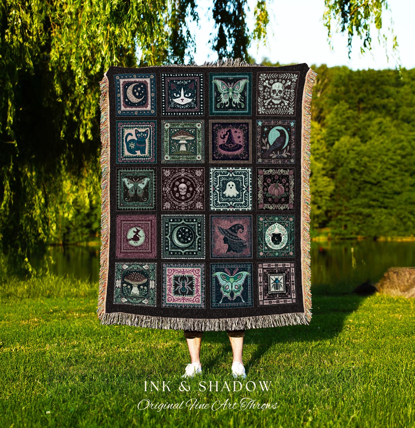 Mystic Maximalist Dark Gothic Throw Blanket | Whimsical Woven Tapestry Spooky Halloween Dark Academia Grunge Fairycore Cute Witch Aesthetic