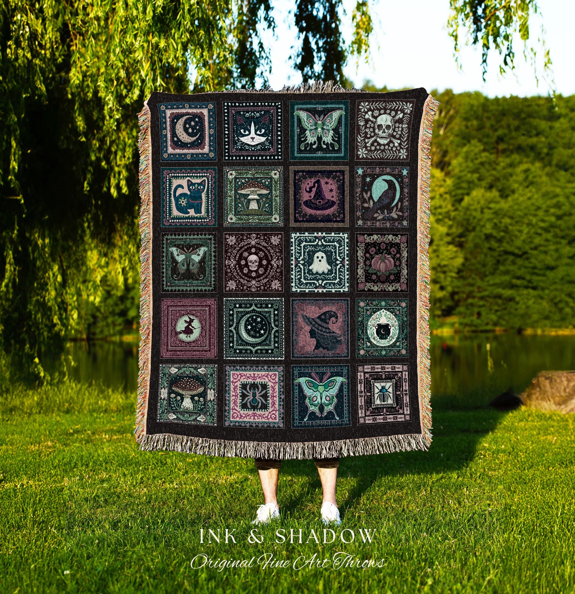 Mystic Maximalist Dark Gothic Throw Blanket | Whimsical Woven Tapestry Spooky Halloween Dark Academia Grunge Fairycore Cute Witch Aesthetic