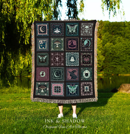 Mystic Maximalist Dark Gothic Throw Blanket | Whimsical Woven Tapestry Spooky Halloween Dark Academia Grunge Fairycore Cute Witch Aesthetic