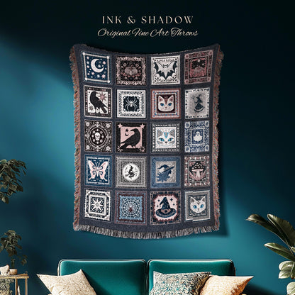 Pastel Crowcore Cute Halloween Throw Blanket | Cozy Witchy Bedroom Accent Grunge Fairycore Decor Spooky Cat Lover Gift Woven Wall Tapestry |
