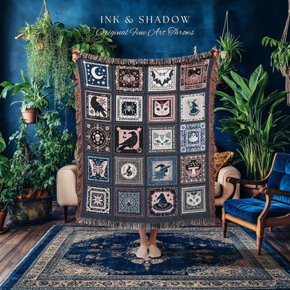 Pastel Crowcore Cute Halloween Throw Blanket | Cozy Witchy Bedroom Accent Grunge Fairycore Decor Spooky Cat Lover Gift Woven Wall Tapestry |