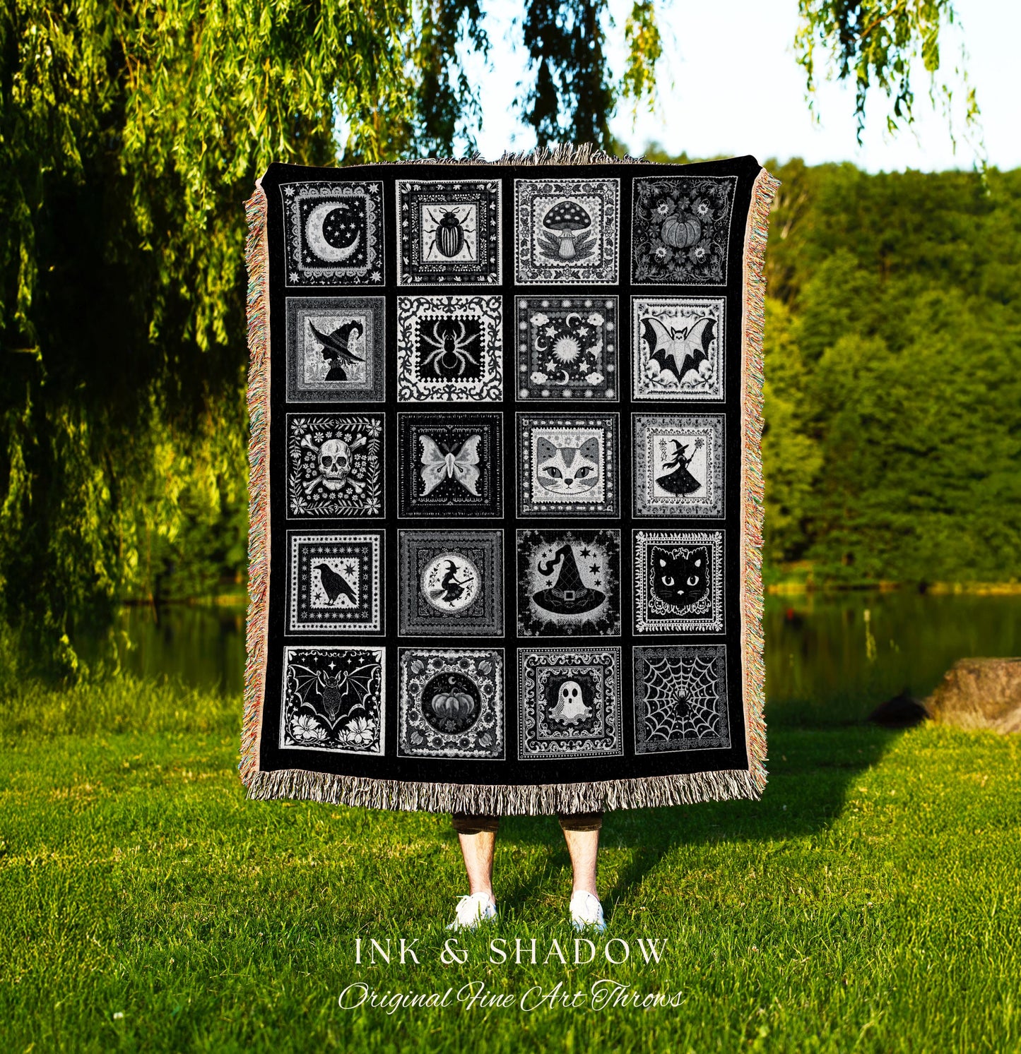 Macabre Woodland Gothic Woven Throw | Halloween Bedroom Accent Cozy Dark Academia Decor Spooky Greyscale Tapestry Witchcore Gift Mystical |