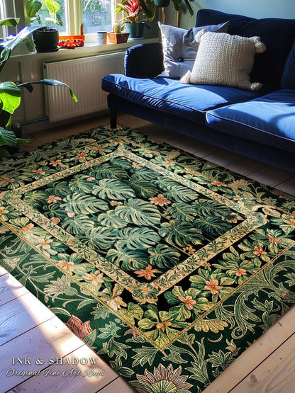 Emerald Green Rich Botanical Rug | Dark Victorian Floral Houseplant Lover Whimsical Home Decor Maximalist Aesthetic Monstera Deliciosa Gift