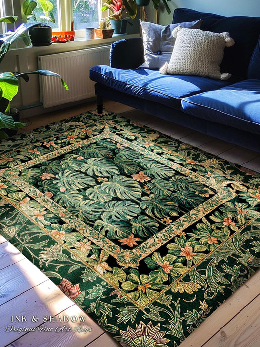 Emerald Green Rich Botanical Rug | Dark Victorian Floral Houseplant Lover Whimsical Home Decor Maximalist Aesthetic Monstera Deliciosa Gift