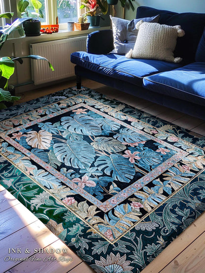 Ornate Floral Tropical Bedroom Rug | Ethereal Woodland Dark Victorian Floral Houseplant Decor Whimsical Gothic Aesthetic Monstera Accent Rug