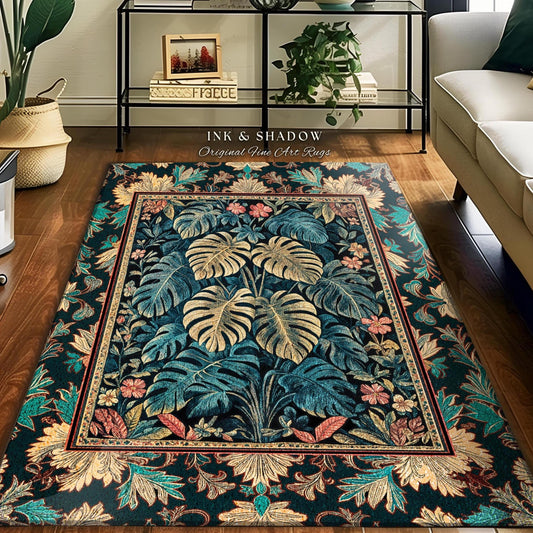 Romantic Tropigoth Bedroom Rug | Woodland Victorian Floral Houseplant Decor Whimsical Gothic Aesthetic Monstera Deliciosa Plant Lover Rug |
