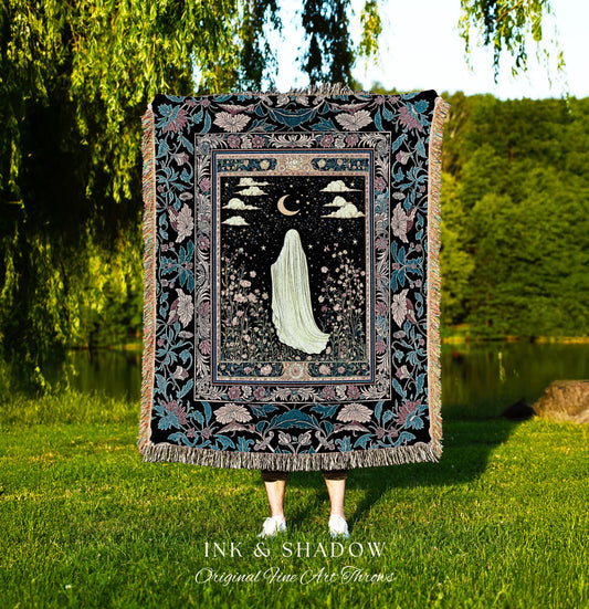 Pastel Cottagecore Moon Ghost Blanket | Whimsigoth Woven Tapestry Floral Decor Spirit Throw Botanical Season Witchy Vintage Aesthetic Mystic