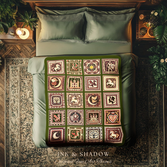 May include: A green throw blanket with a burgundy and cream pattern. The blanket features a repeating design of 25 squares with various images including a castle, a dragon, a tree, a heart, a moon, and a unicorn. The blanket is displayed on a bed with green bedding and pillows. The text &#39;INK & SHADOW Original Fine Art Throws&#39; is printed on the bottom of the blanket.