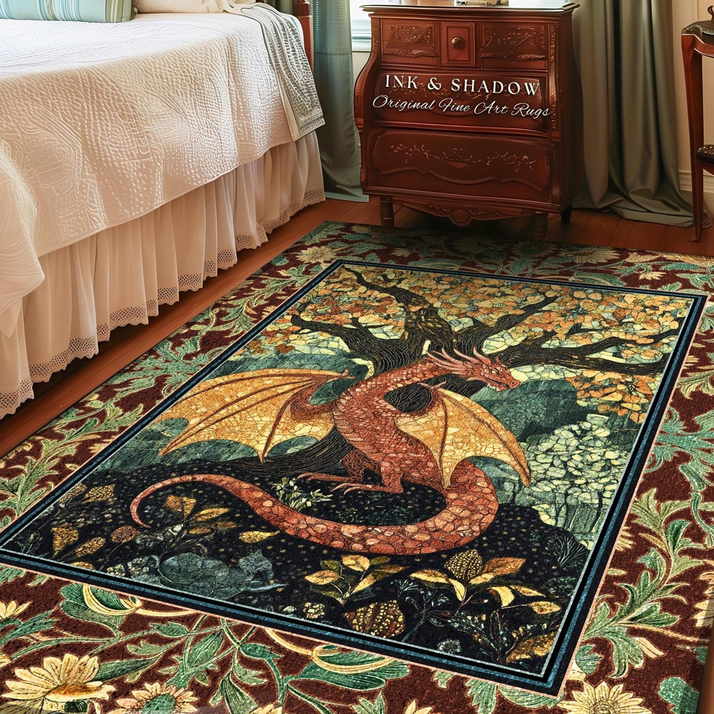 Modern Renaissance Dragon Accent Rug | Victorian Gothic Carpet Woodland Medieval Bedroom Ethereal Fairytale Gothic Dark Botanical Home Decor