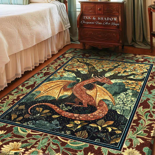 Modern Renaissance Dragon Accent Rug | Victorian Gothic Carpet Woodland Medieval Bedroom Ethereal Fairytale Gothic Dark Botanical Home Decor