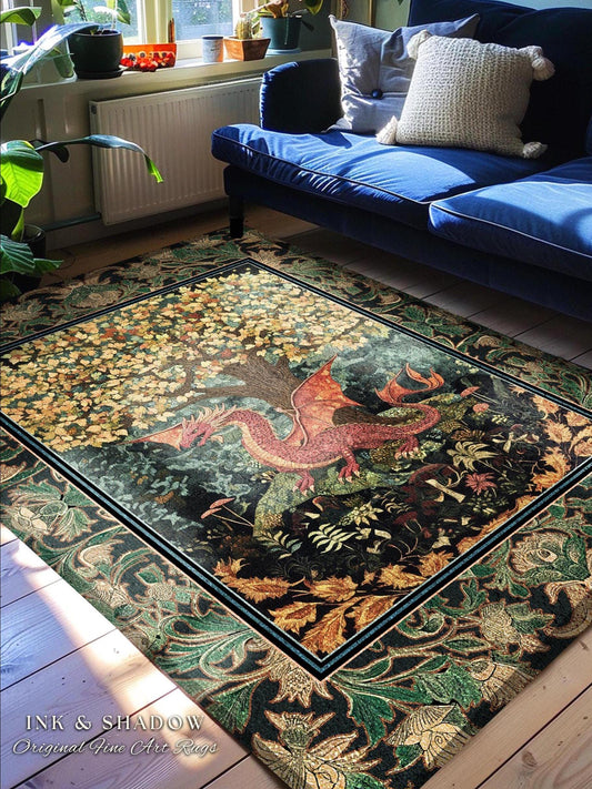 Moody Maximalist Dragon Area Rug | Dark Floral Cottagecore Home Accent Woodland Gothic Medieval Bedroom Decor Ethereal Fairytale Themed Art