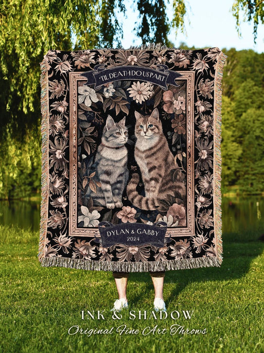 Romantic Floral Couple Blanket | Personalized Victorian Gothic Dark Academia Aesthetic Woven Throw Custom His & Hers Gift for Cat Lover Boho