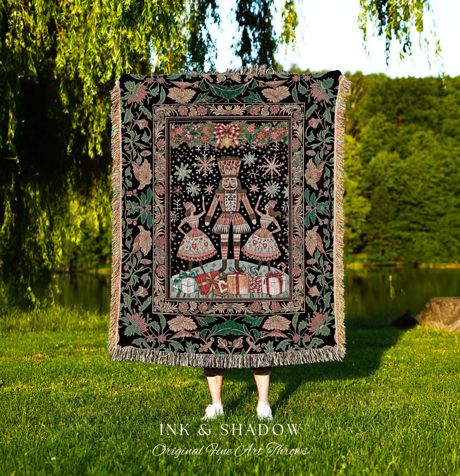 Xmas Nostalgia Cozy Nutcracker Blanket | Scandinavian Whimsy Nordic Holiday Tapestry Christmas Decor Ballet Woven Throw Accent Seasonal Gift