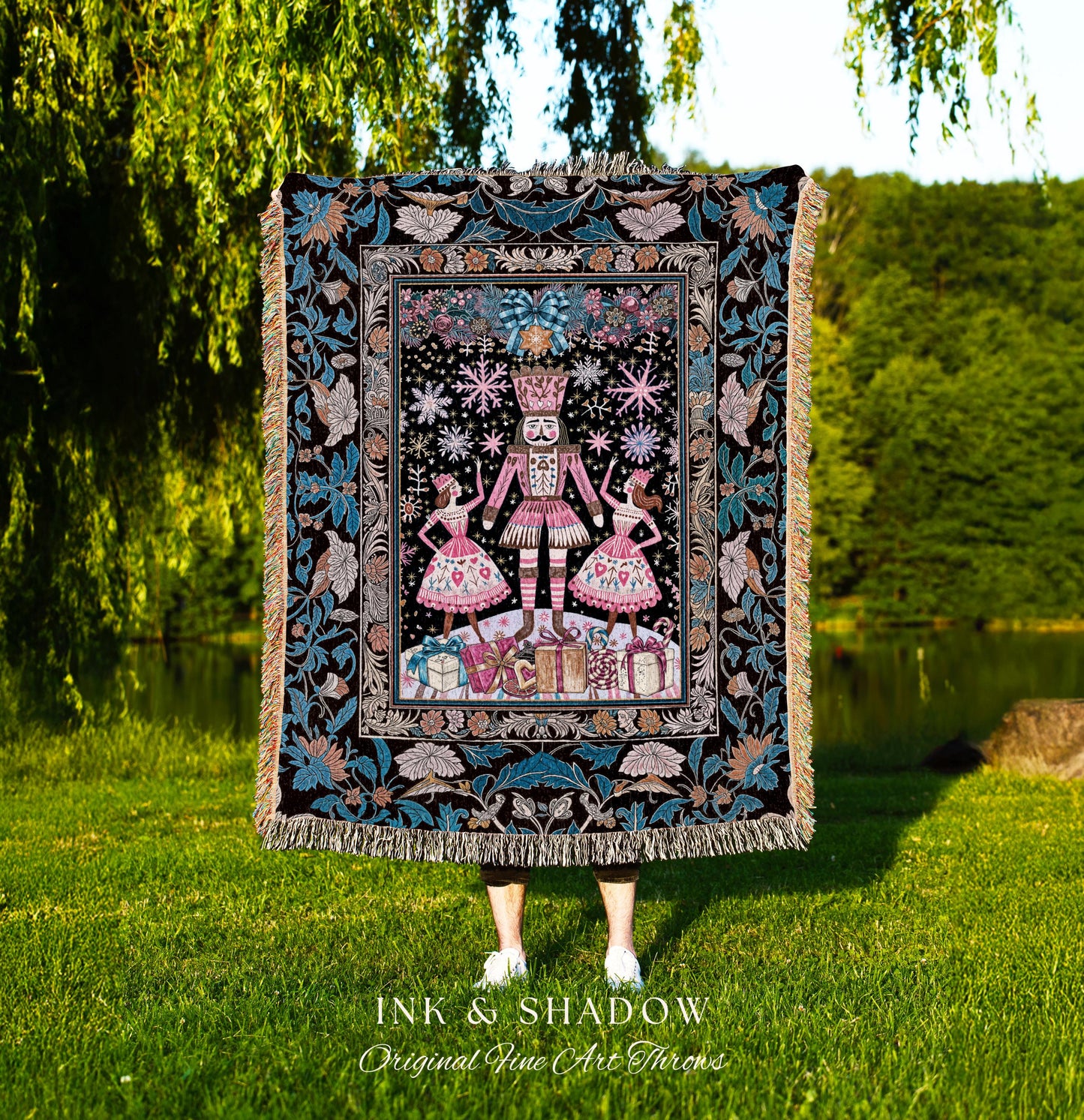 Boho Pink Holiday Nutcracker Tapestry | Cozy Woven Throw Ballet Winter Nordic Christmas Scandinavian Folklore Festive Cottagecore Seasonal