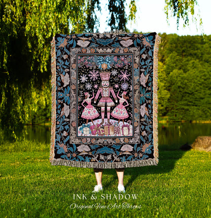 Boho Pink Holiday Nutcracker Tapestry | Cozy Woven Throw Ballet Winter Nordic Christmas Scandinavian Folklore Festive Cottagecore Seasonal