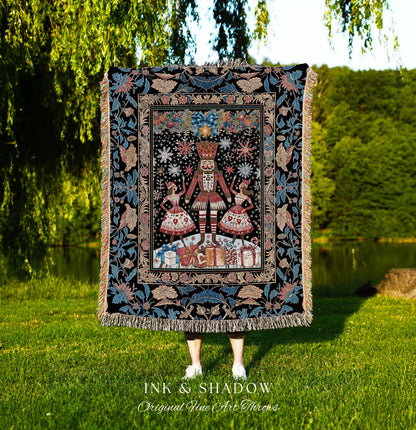 Cottagecore Holiday Nutcracker Blanket | Cozy Nordic Christmas Accent Folk Ballet Decorative Woven Throw Tapestry Seasonal Vintage Festive