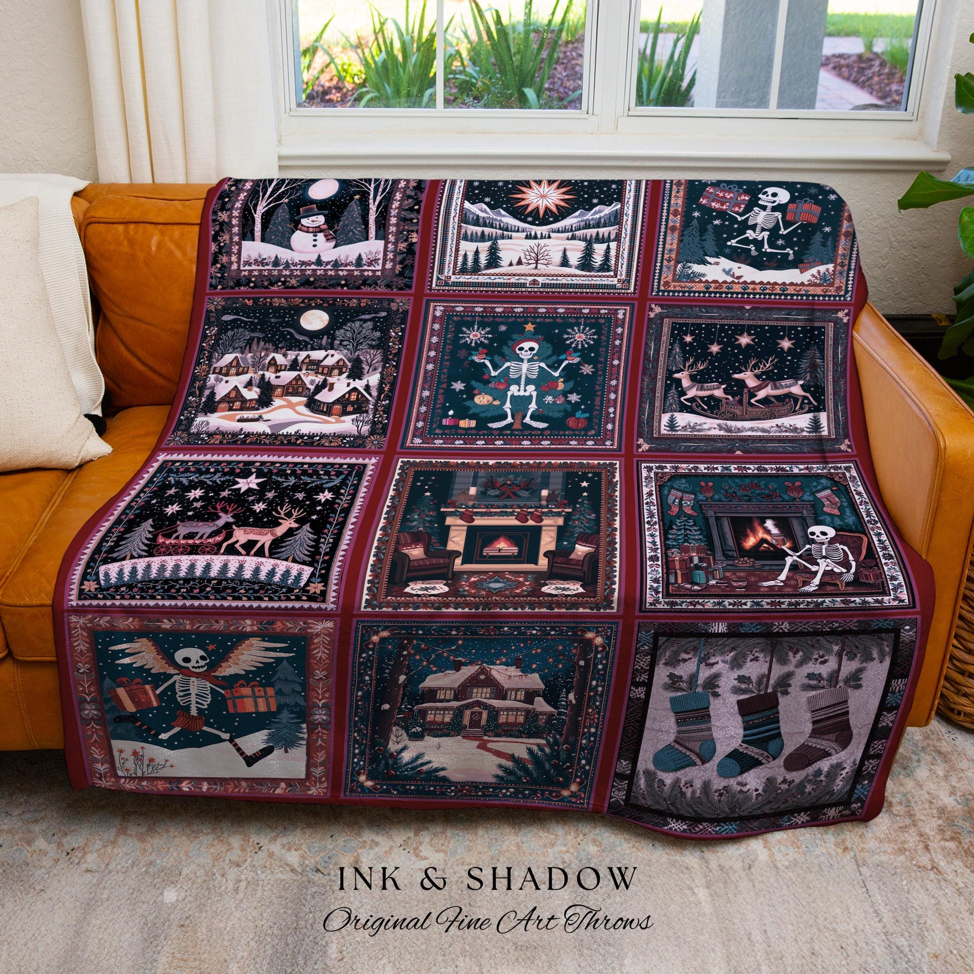 Skeleton Gothmas Boho Throw Blanket | Whimsigothis Holiday Woven Tapestry Seasonal Blanket Cozy Merry Creepmas Festive Christmas Cottagecore