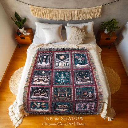 Skeleton Gothmas Boho Throw Blanket | Whimsigothis Holiday Woven Tapestry Seasonal Blanket Cozy Merry Creepmas Festive Christmas Cottagecore