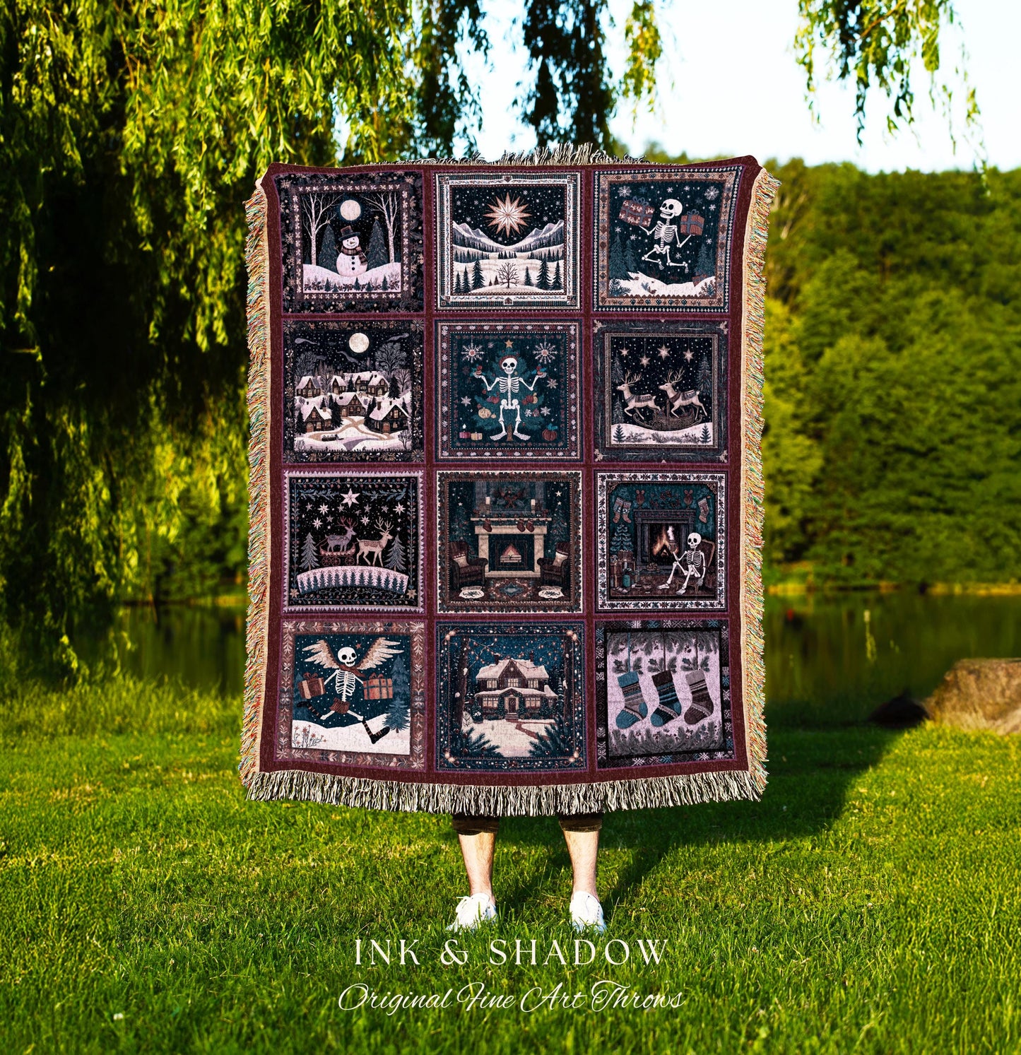 Skeleton Gothmas Boho Throw Blanket | Whimsigothis Holiday Woven Tapestry Seasonal Blanket Cozy Merry Creepmas Festive Christmas Cottagecore