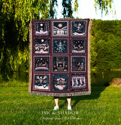 Skeleton Gothmas Boho Throw Blanket | Whimsigothis Holiday Woven Tapestry Seasonal Blanket Cozy Merry Creepmas Festive Christmas Cottagecore