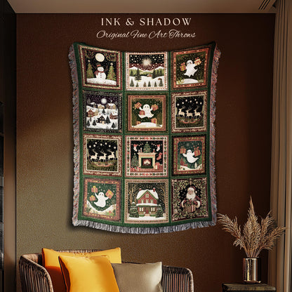 Festive Gothmas Witchy Throw Blanket | Whimsigoth Christmas Ghosts Woven Tapestry Cozy Seasonal Winter Cottagecore Holiday Christmas Gift |