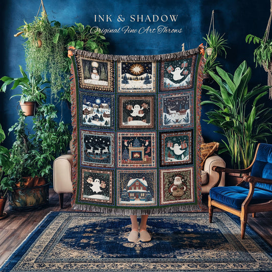 Whimsical Gothmas Holiday Blanket | Cute Yuletide Throw Gothic Christmas Jacquard Woven Cozy Seasonal Blanket Festive Winter Witchy Xmas |