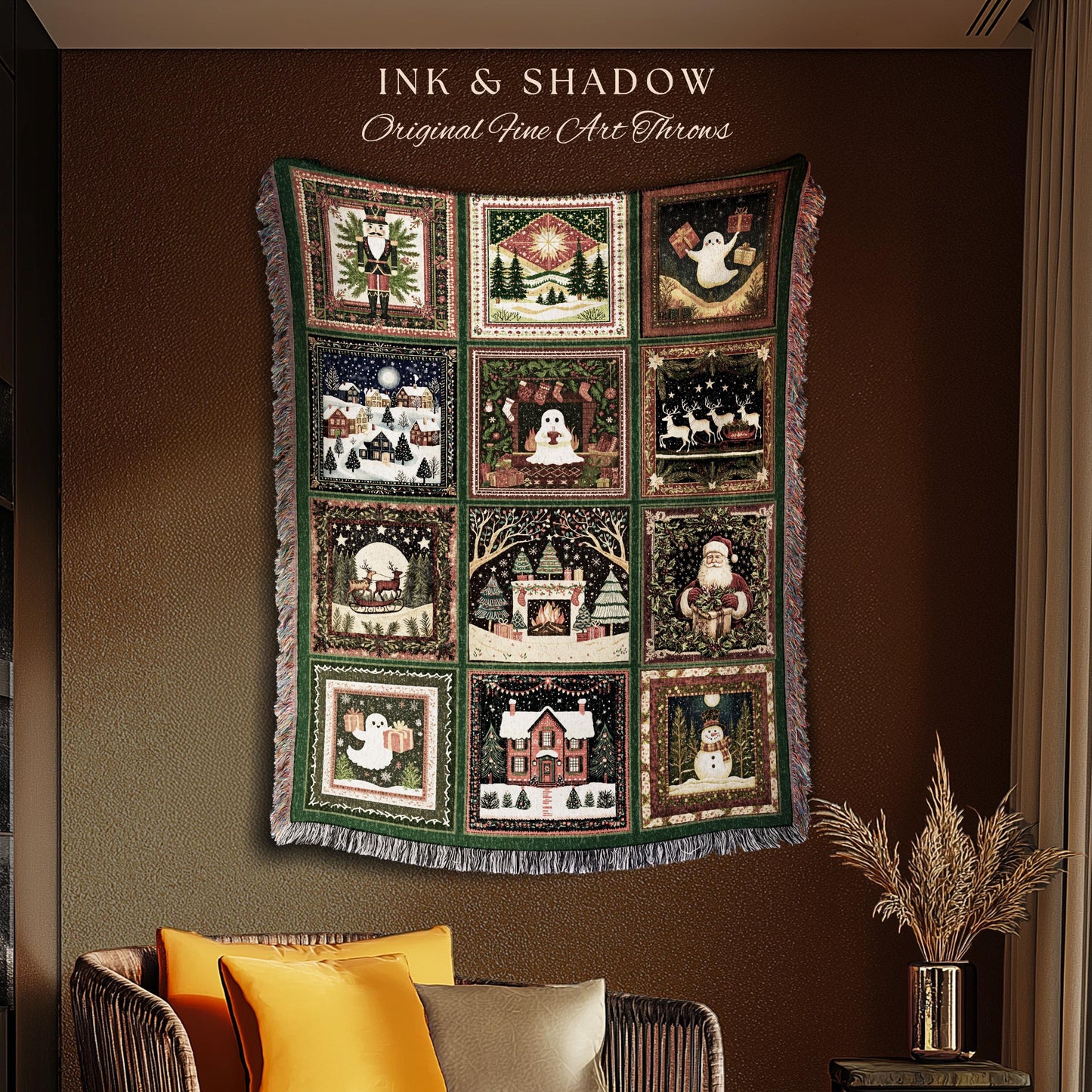 Enchanted Ghostly Holiday Blanket | Cozy Gothmas Jacquard Woven Throw Whimsigoth Scandi Winter Christmas Seasonal Cottagecore Festive Gift