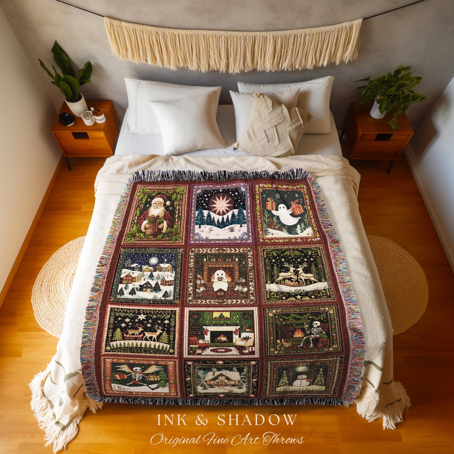 Winter Whimsy Ghost Wall Tapestry | Merry Gothmas Jacquard Woven Throw Cozy Seasonal Holiday Christmas Festive Cottagecore Whimsigoth Gift |