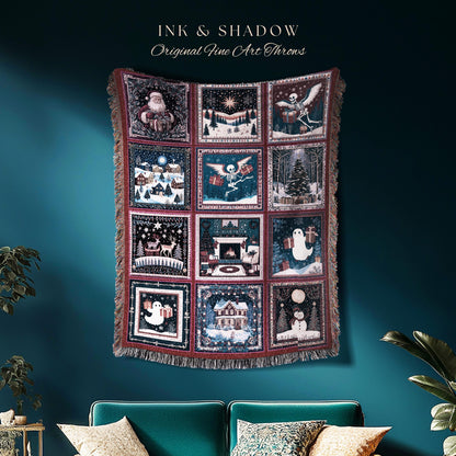 Cozy Witchy Christmas Throw Blanket | Retro Scandi Skeleton Jacquard Woven Whimsigoth Festive Winter Holiday Cottagecore Cute Ghost Decor |