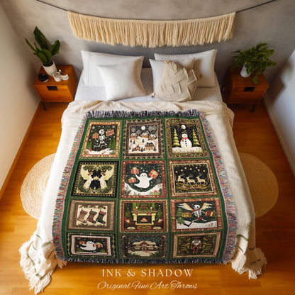 Retro Festive Skeleton Xmas Blanket | Merry Gothmas Christmas Season Cozy Seasonal Holiday Gift Cottagecore Ghost Winter Witchy Skeleton |