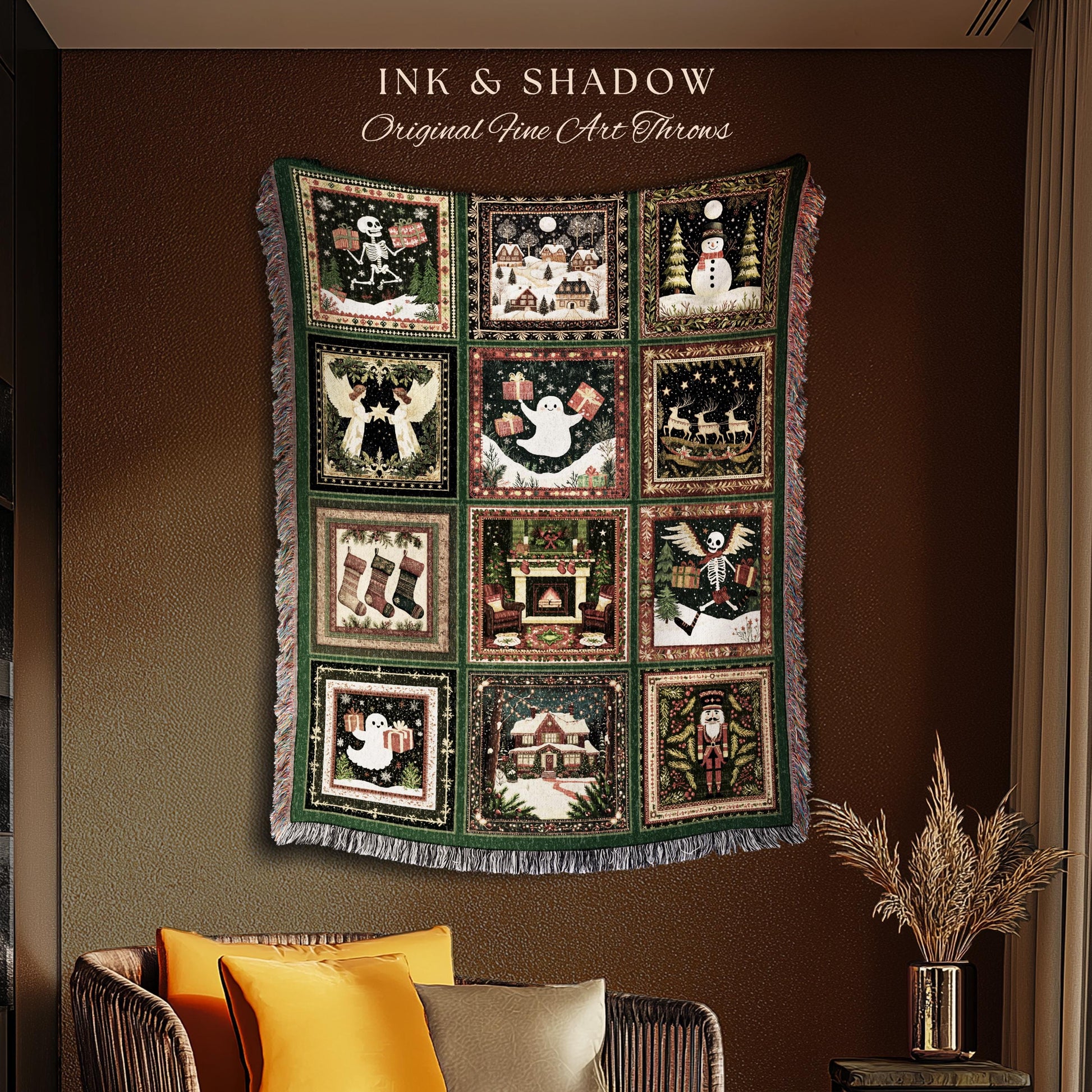 Retro Festive Skeleton Xmas Blanket | Merry Gothmas Christmas Season Cozy Seasonal Holiday Gift Cottagecore Ghost Winter Witchy Skeleton |