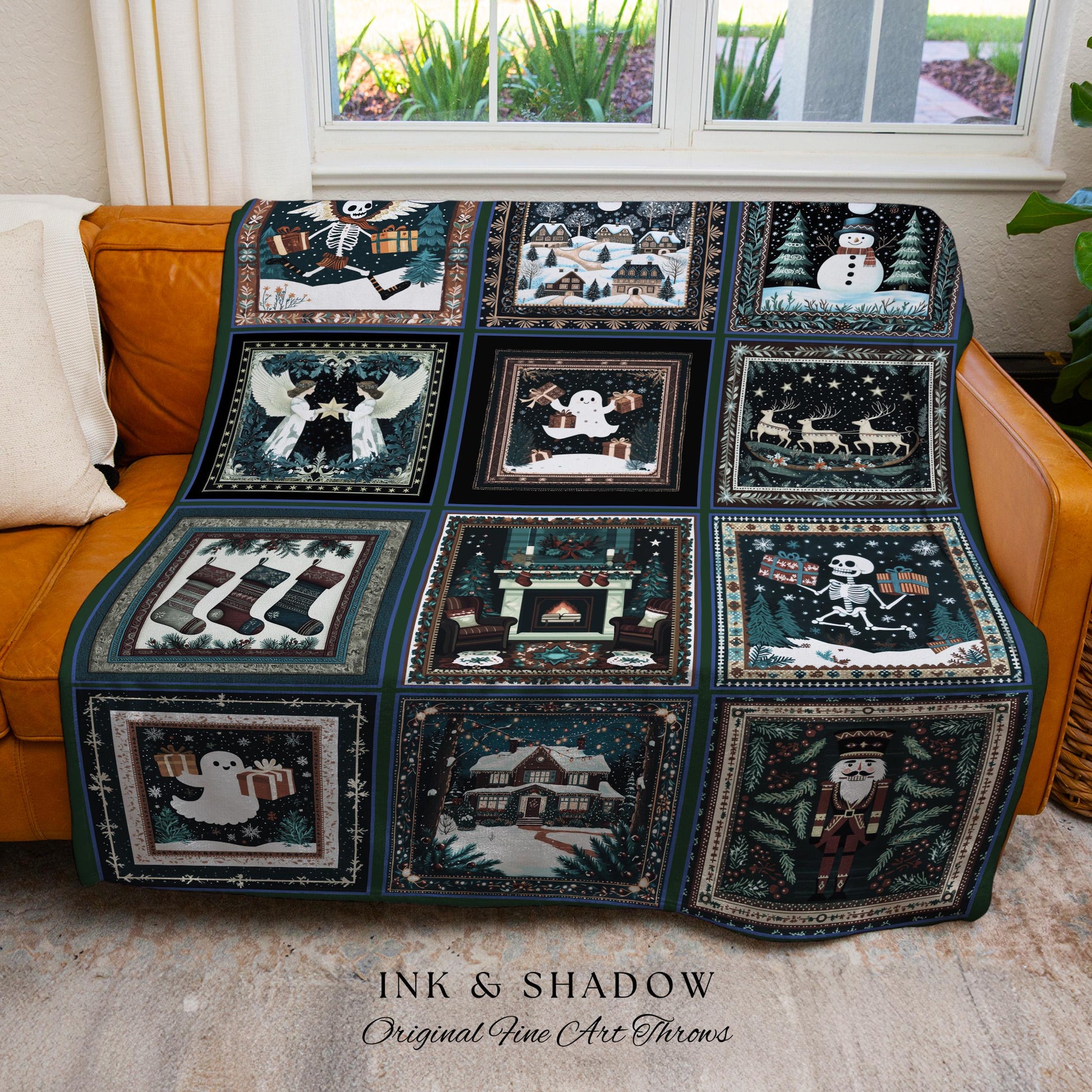 Spooky Christmas Style Throw Blanket | Cozy Jacquard Woven Tapestry Xmas Ghost Whimsigoth Winter Cottagecore Festive Cute Skeleton Decor |