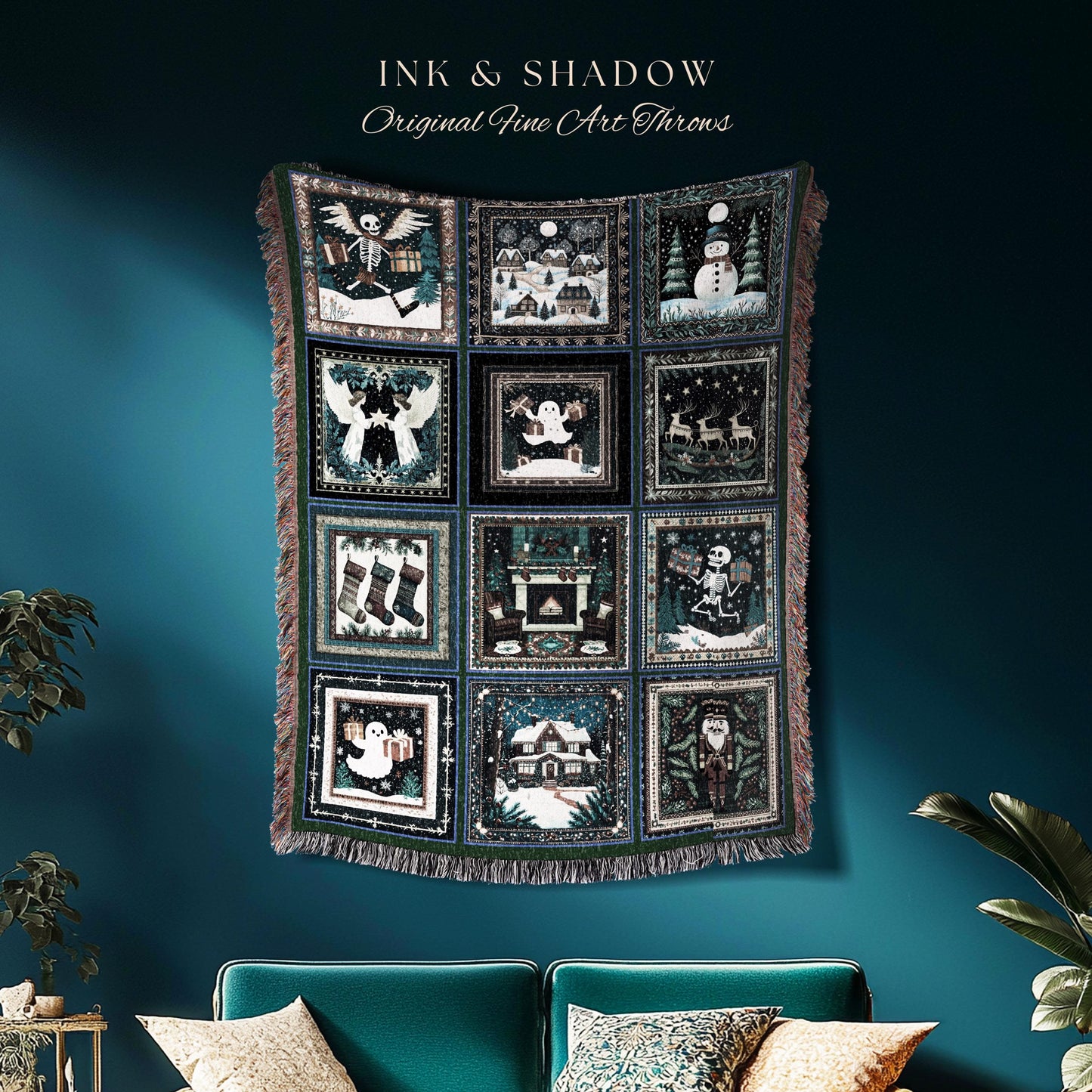 Spooky Christmas Style Throw Blanket | Cozy Jacquard Woven Tapestry Xmas Ghost Whimsigoth Winter Cottagecore Festive Cute Skeleton Decor |