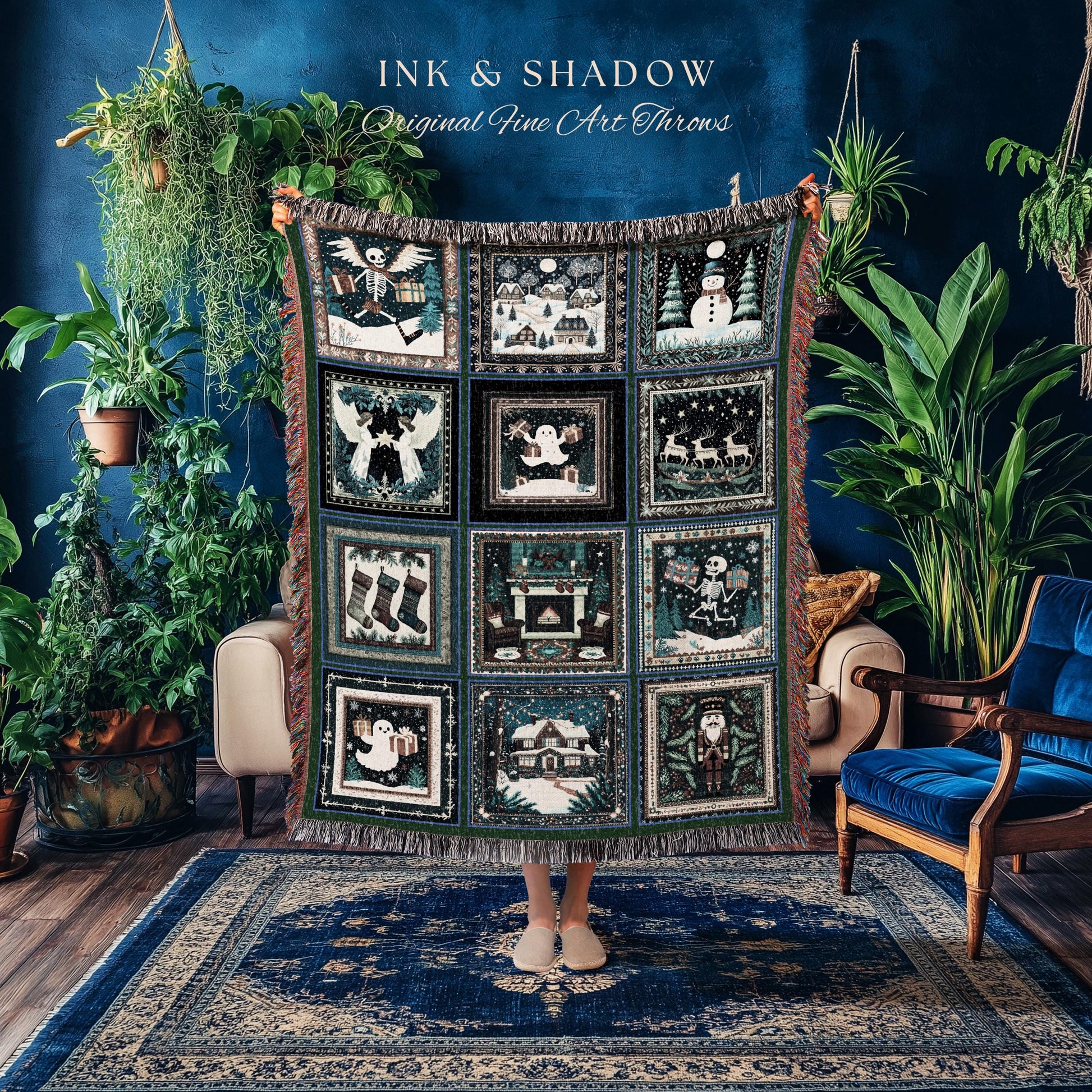 Spooky Christmas Style Throw Blanket | Cozy Jacquard Woven Tapestry Xmas Ghost Whimsigoth Winter Cottagecore Festive Cute Skeleton Decor |