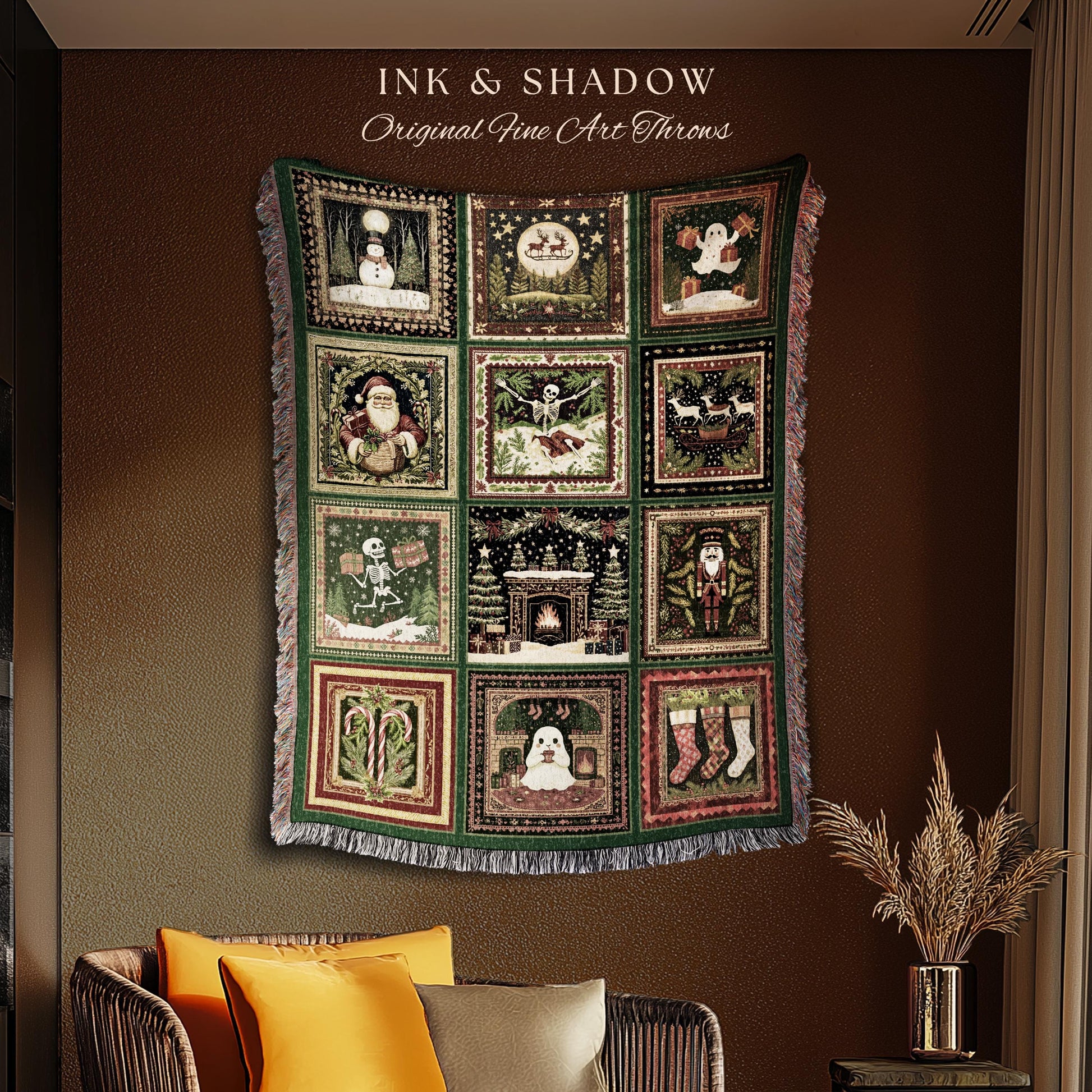 Eclectic Christmas Ghost Blanket | Retro Gothic Festive Skeleton Jacquard Woven Tapestry Cozy Winter Seasonal Scandi Cottagecore Witchy Gift