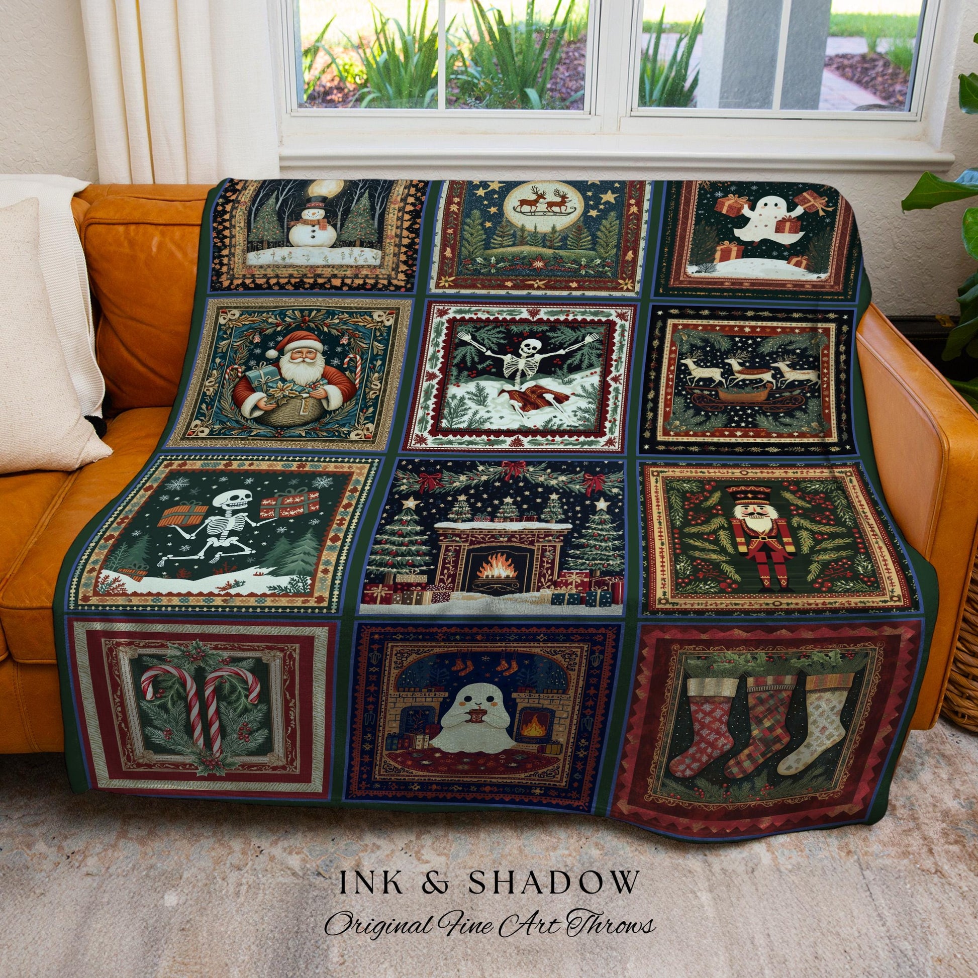 Skeletons & Spirits Christmas Blanket | Boho Goth Holiday Jacquard Woven Throw Cozy Seasonal Winter Festive Cottagecore Witchy Scandi Ghost