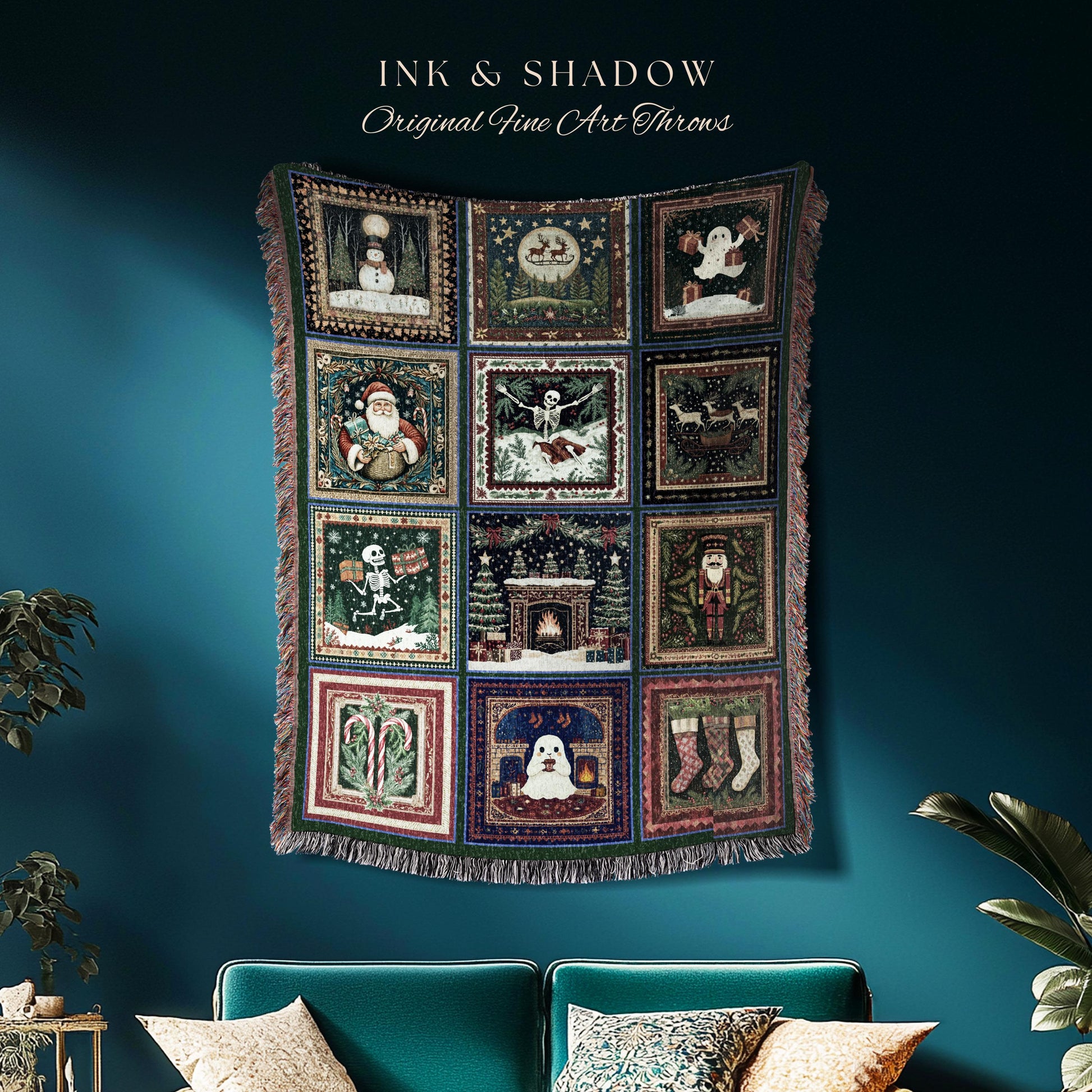 Skeletons & Spirits Christmas Blanket | Boho Goth Holiday Jacquard Woven Throw Cozy Seasonal Winter Festive Cottagecore Witchy Scandi Ghost