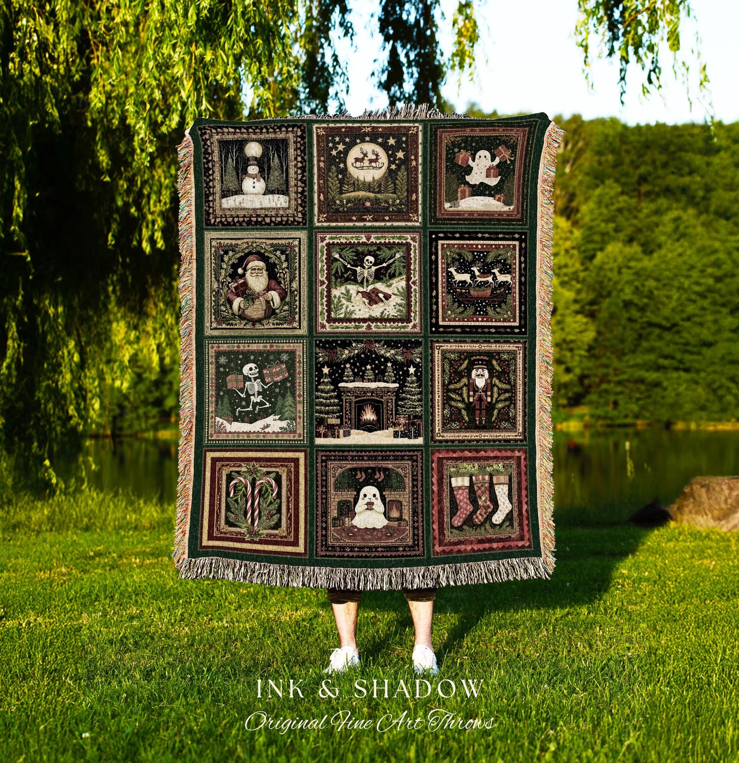 Eclectic Christmas Ghost Blanket | Retro Gothic Festive Skeleton Jacquard Woven Tapestry Cozy Winter Seasonal Scandi Cottagecore Witchy Gift