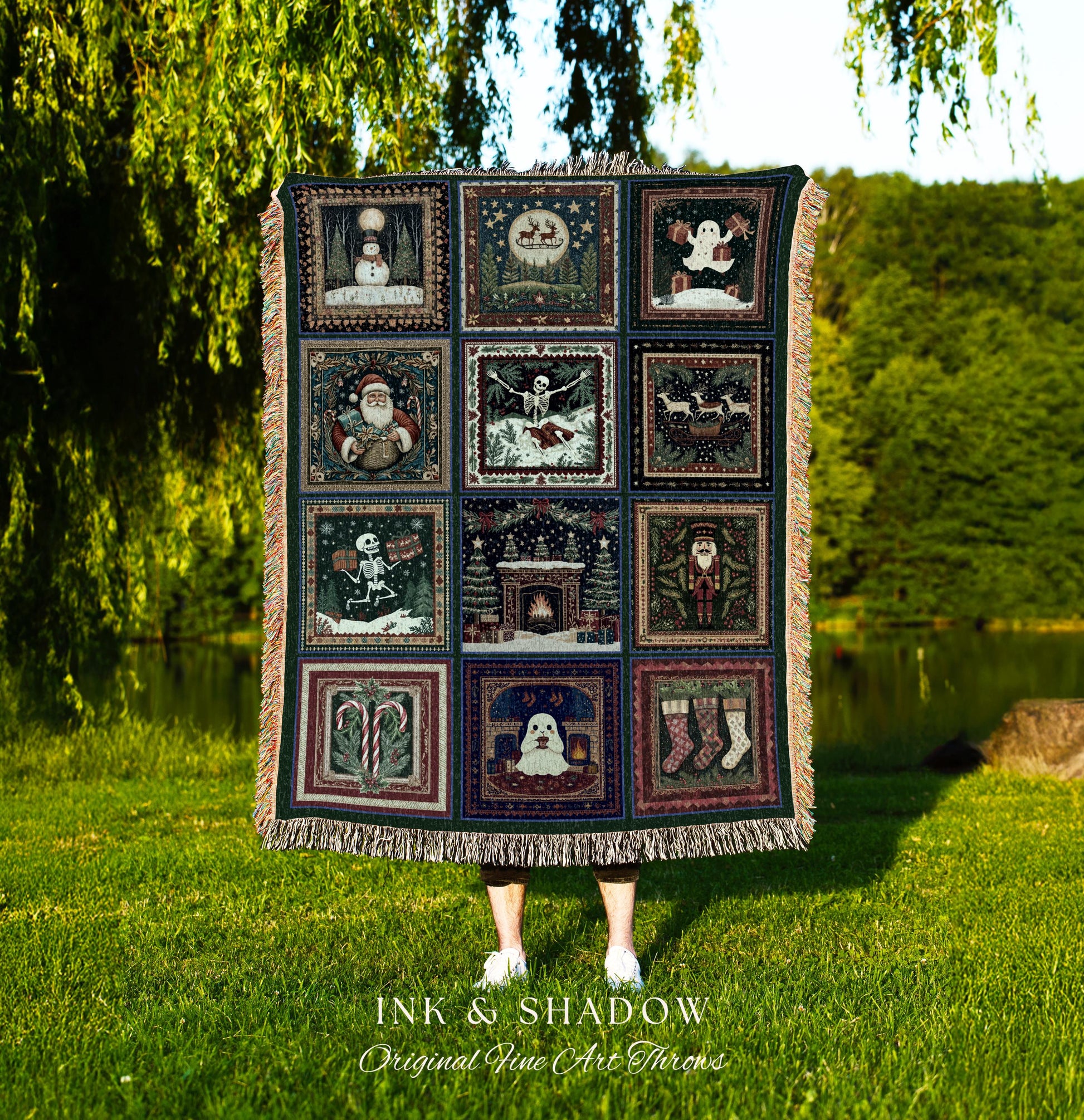 Skeletons & Spirits Christmas Blanket | Boho Goth Holiday Jacquard Woven Throw Cozy Seasonal Winter Festive Cottagecore Witchy Scandi Ghost