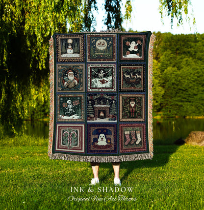 Skeletons & Spirits Christmas Blanket | Boho Goth Holiday Jacquard Woven Throw Cozy Seasonal Winter Festive Cottagecore Witchy Scandi Ghost