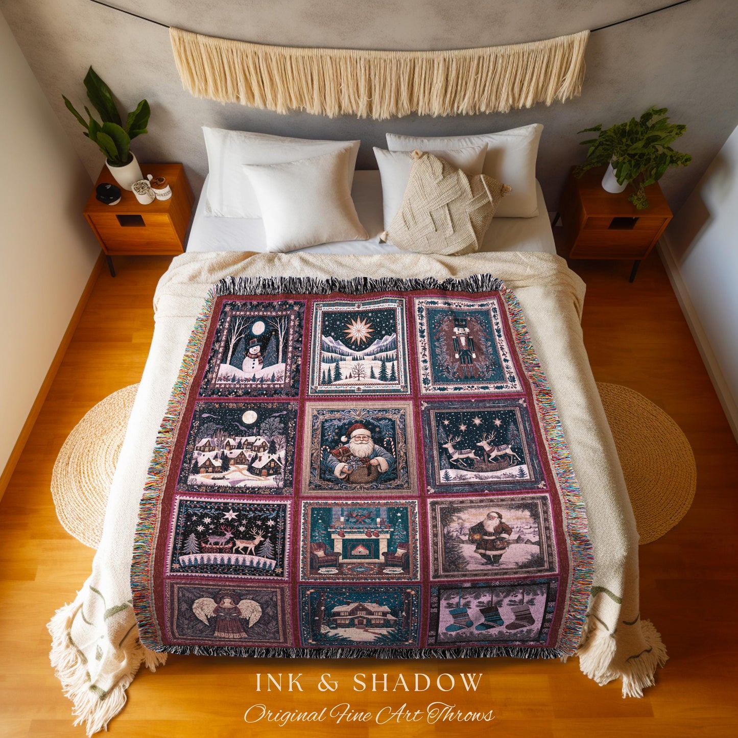 Whimsical Wonderland Christmas Woven Throw | Scandinavian Decor Holiday Blanket Home Accent Dark Academia Style Cozy Winter Nordic Rustic