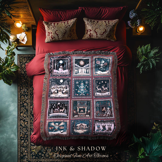 Skeleton Gothmas Boho Throw Blanket | Whimsigothis Holiday Woven Tapestry Seasonal Blanket Cozy Merry Creepmas Festive Christmas Cottagecore