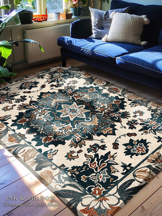 Cool Tone Area Rug Bohemian | Dark Floral Aesthetic Living Room Home Decor Rustic Housewarming Gift Cottagecore Earth Tone Bedroom Floor Mat