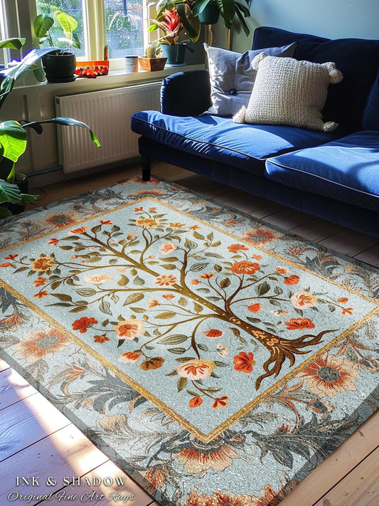Dusty Blue Tree of Life Folk Art Accent Rug for Living Room | Eclectic Home Decor Rustic Aesthetic Pastel Cottagecore Bedroom Floor Area Rug
