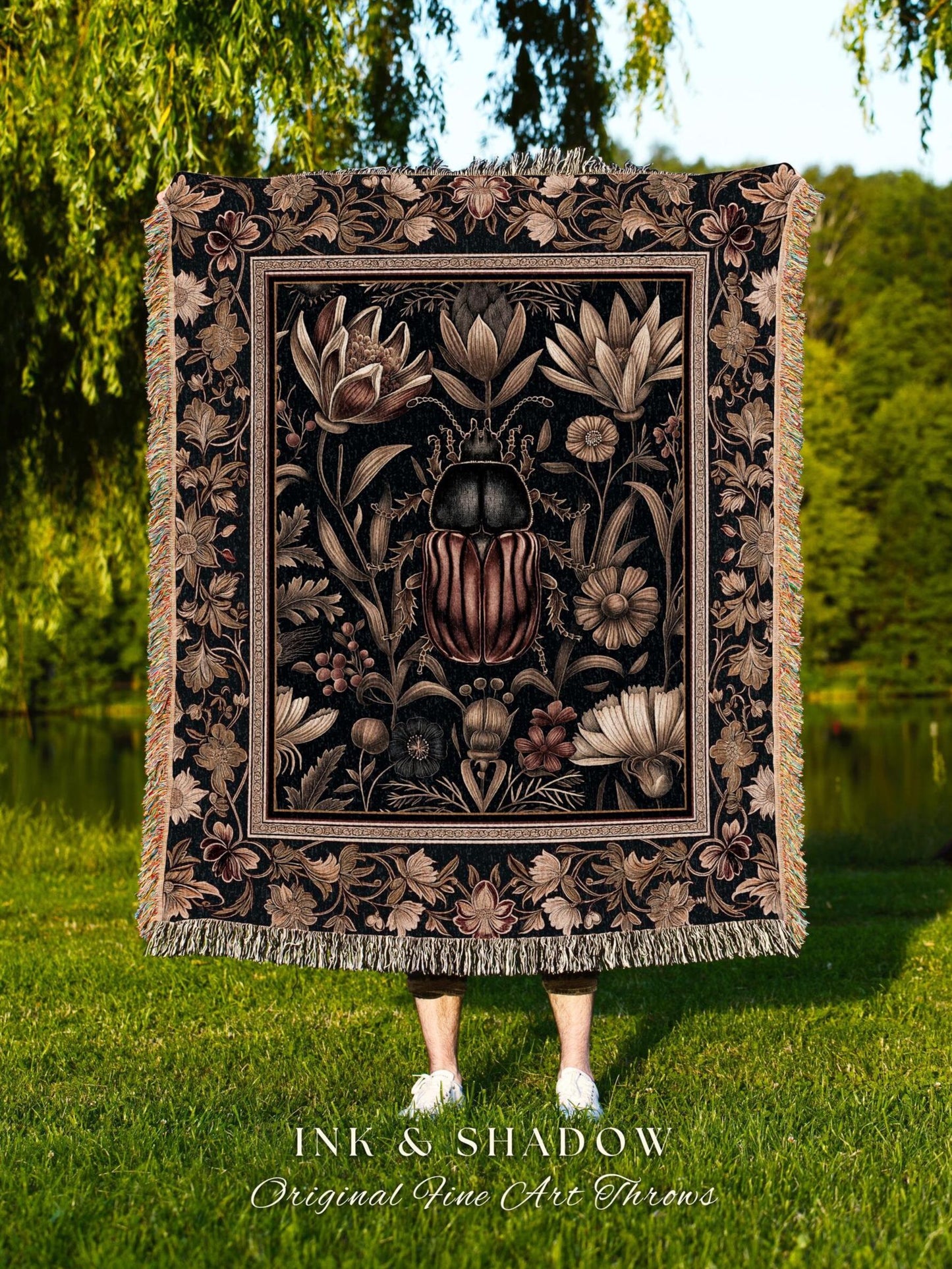 Baroque Victorian Dark Botanical Beetle Tapestry Blanket Antique Gold Vintage Floral Art Deco | Fairycore Goblincore Gothic Macabre Decor